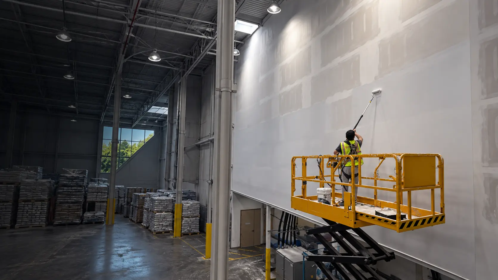 NXTL crew member completing high-access commercial interior painting from a scissor lift at the MAPEI project in Delta, BC.