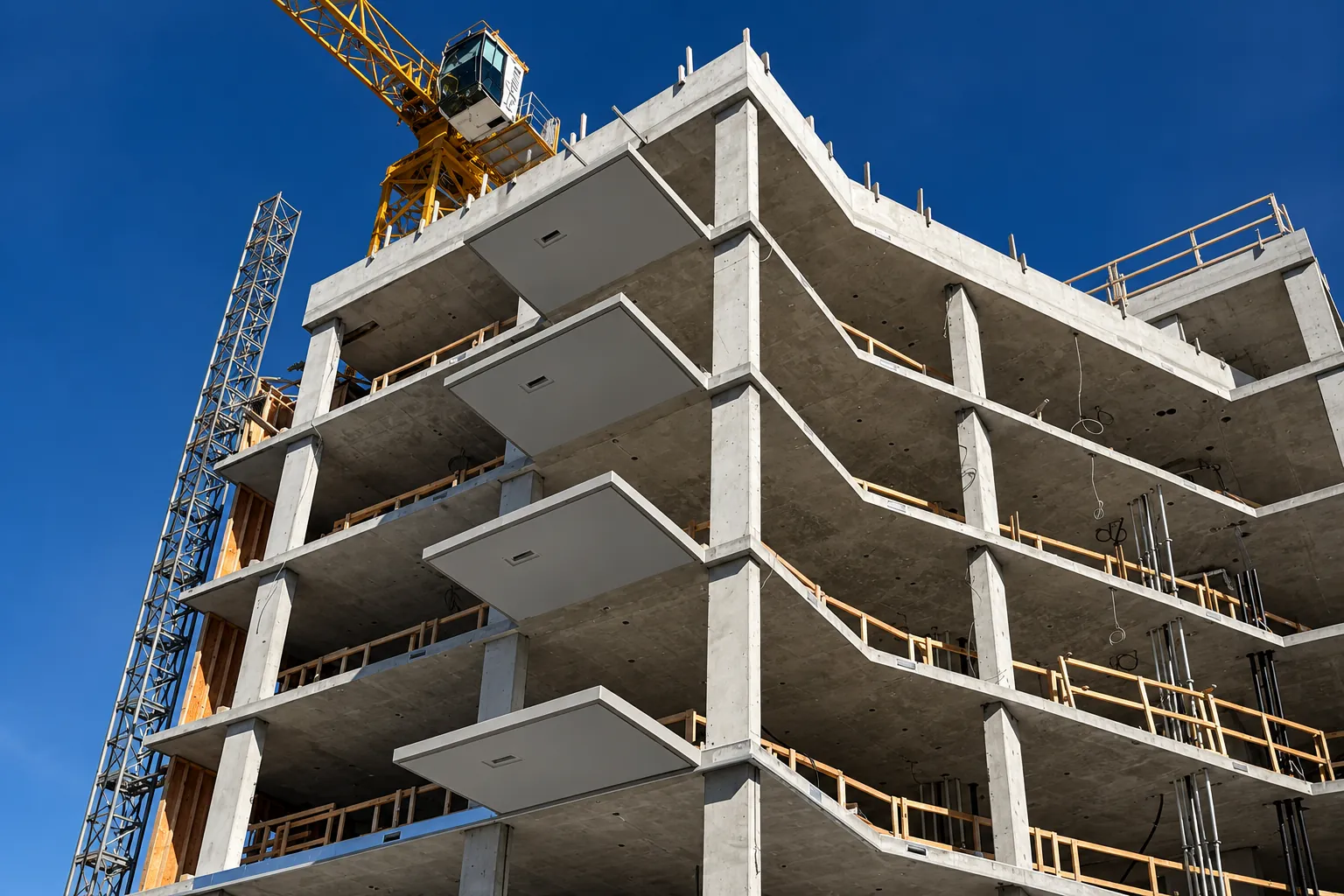 NXTL concrete finishing and repair project at Lansdowne in Richmond, BC, showing multi-storey concrete slabs, columns and a tower crane.